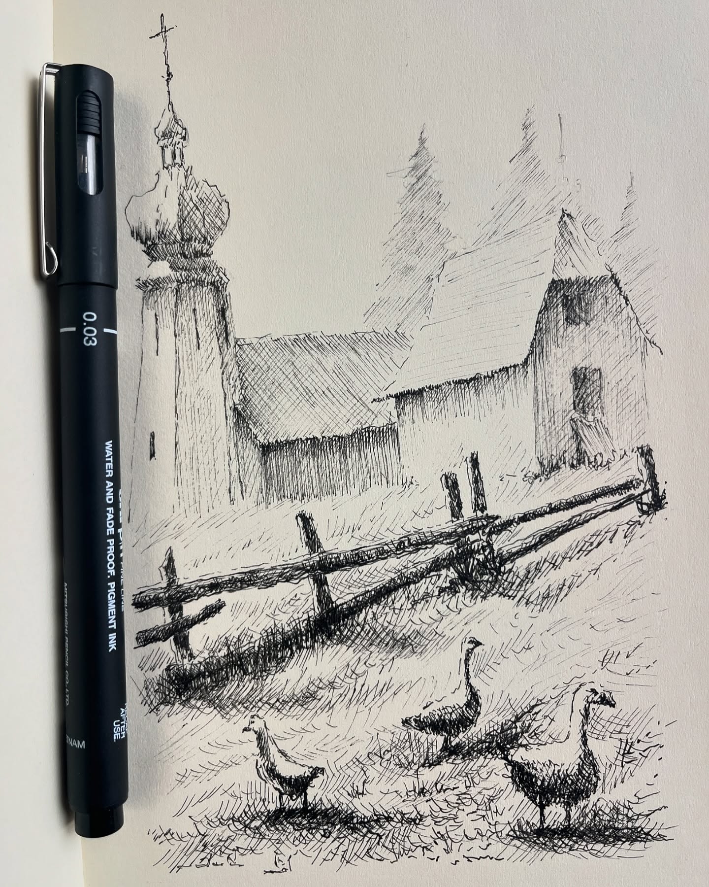 Rustic Serenity: Rural Church and Chickens