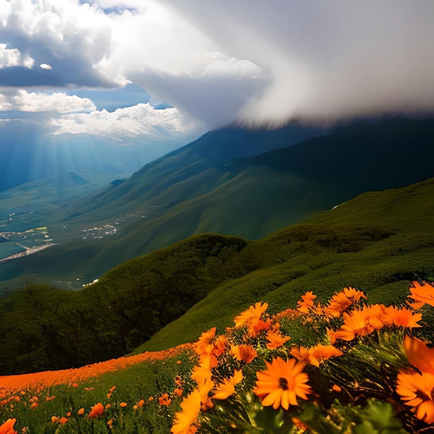 Serene Mountain Bloom: Orange Flowers Against a Tranquil Landscape