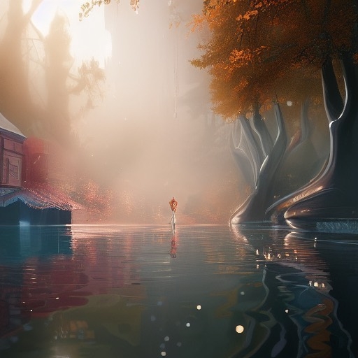Serene Enchantment: Woman Walking on Water Amidst Autumnal Forest