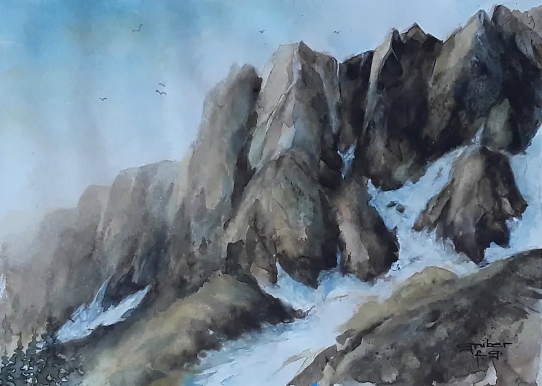 Melting Snow in the Mountains - Watercolor