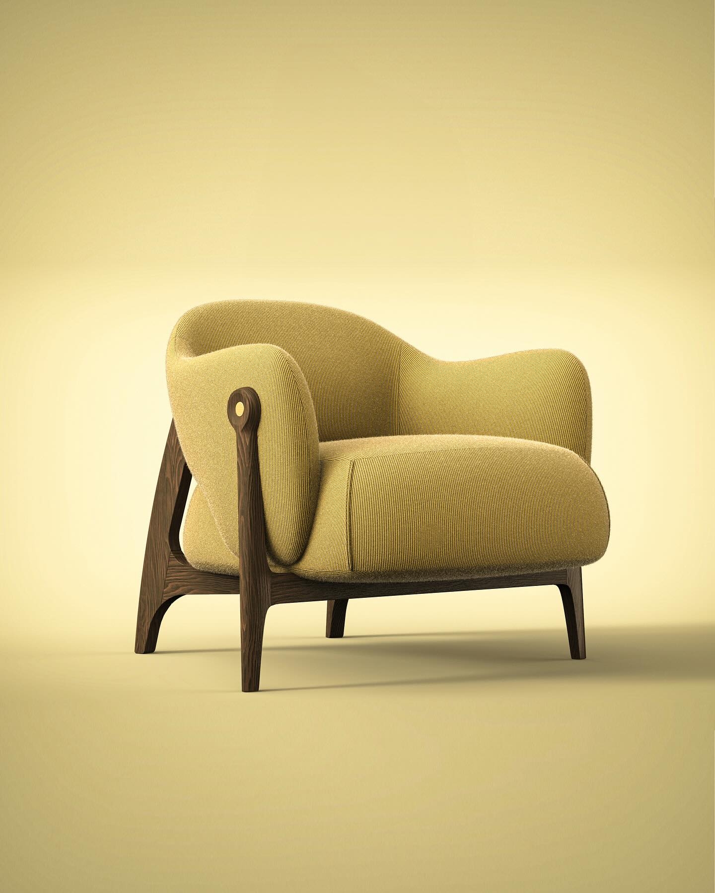 Curved-Wood Armchair with Muted Yellow Upholstery
