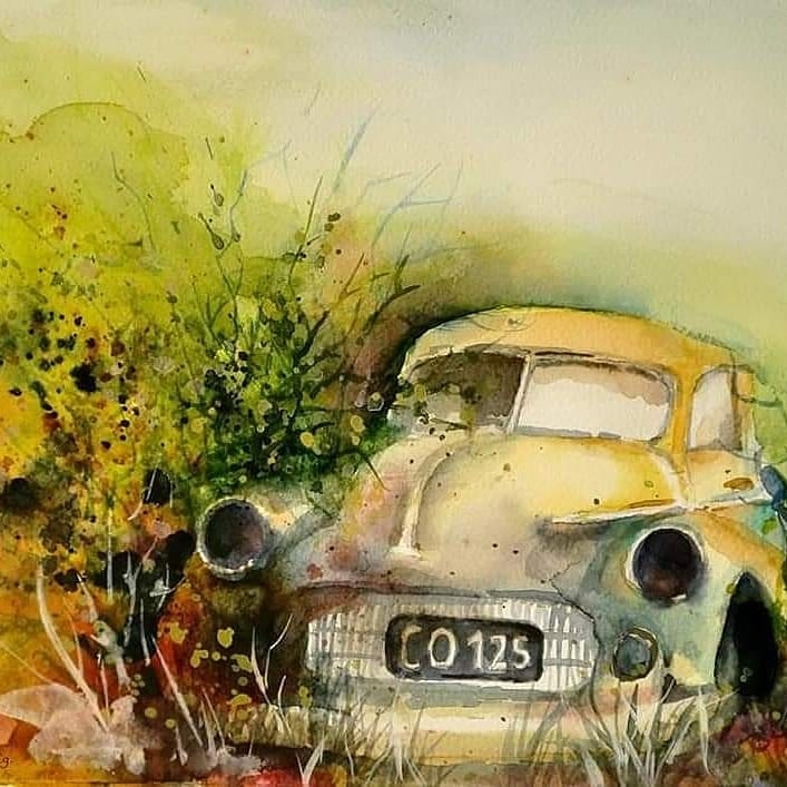 Serene Reverie: A Rusting Sedan Amid Wildflowers