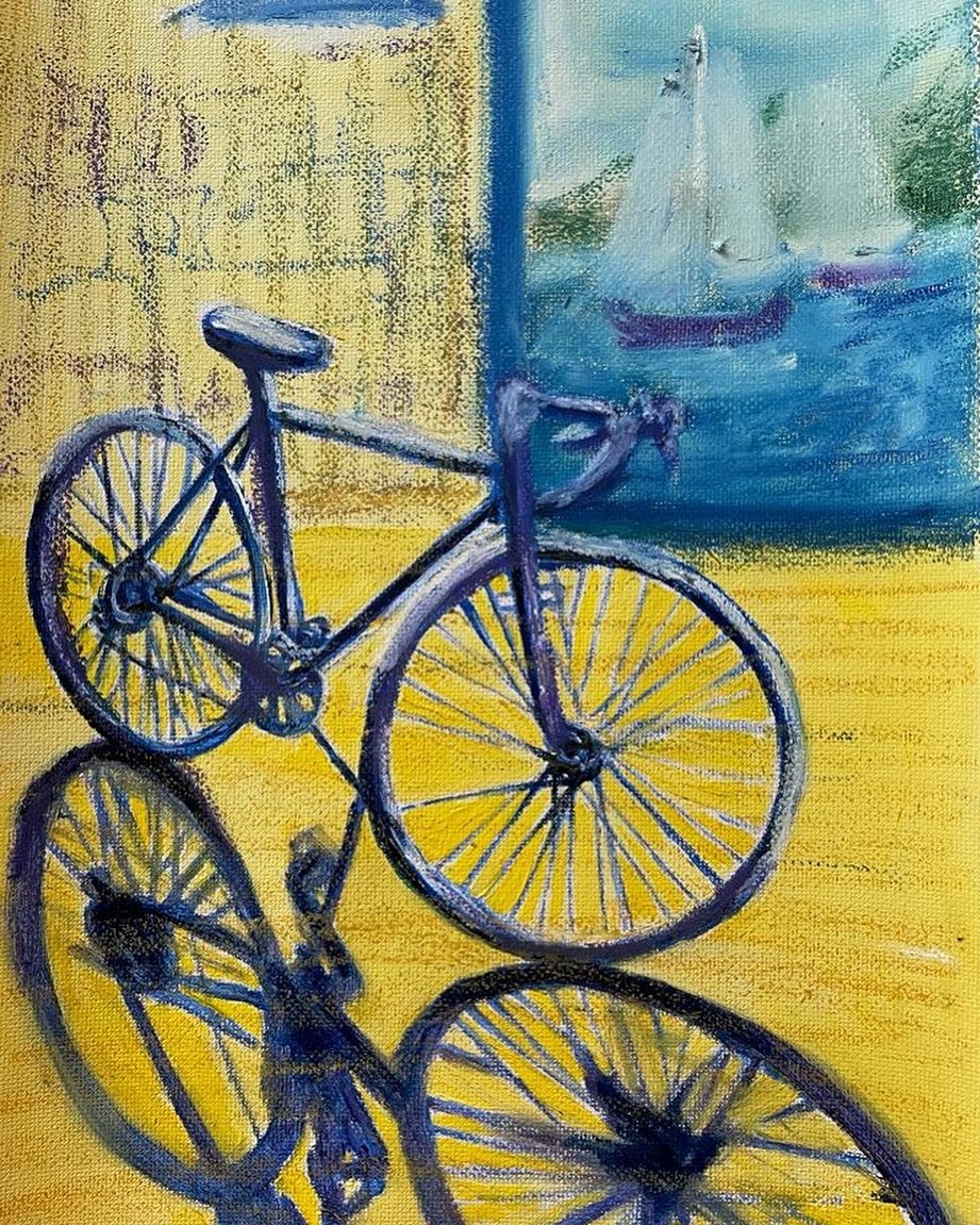 Serene Encounter: Bicycle and Sailboat in Impressionist Light
