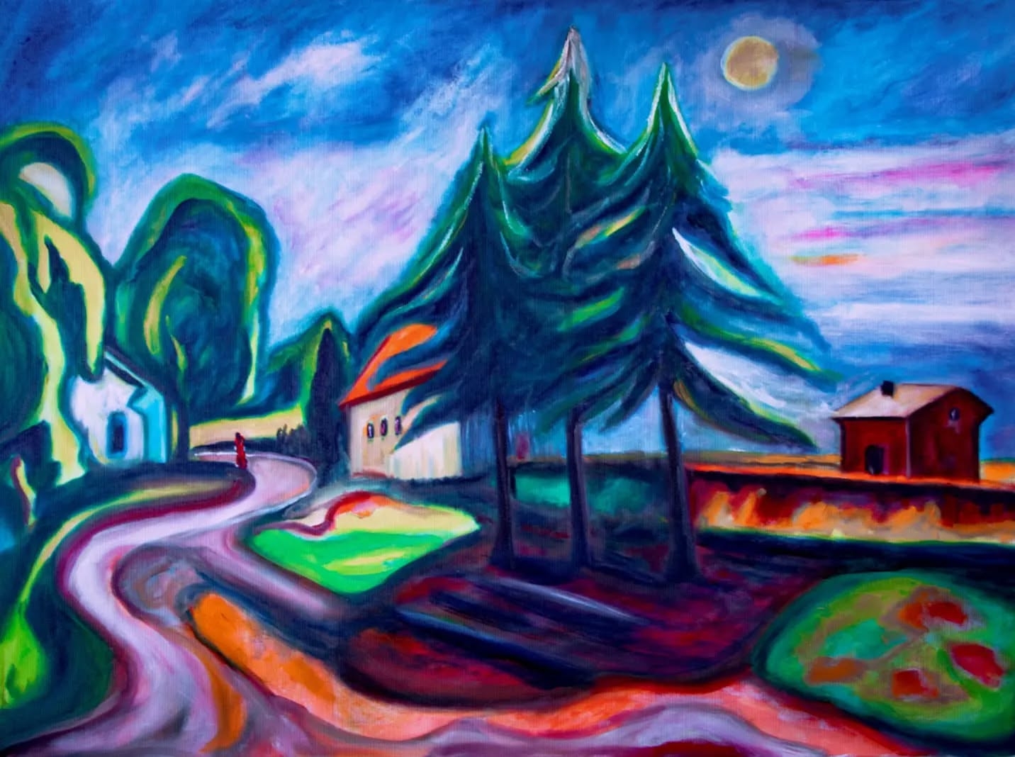Twisted Trees Stand in a Bright, Emotional Field Beneath a Stormy Sky