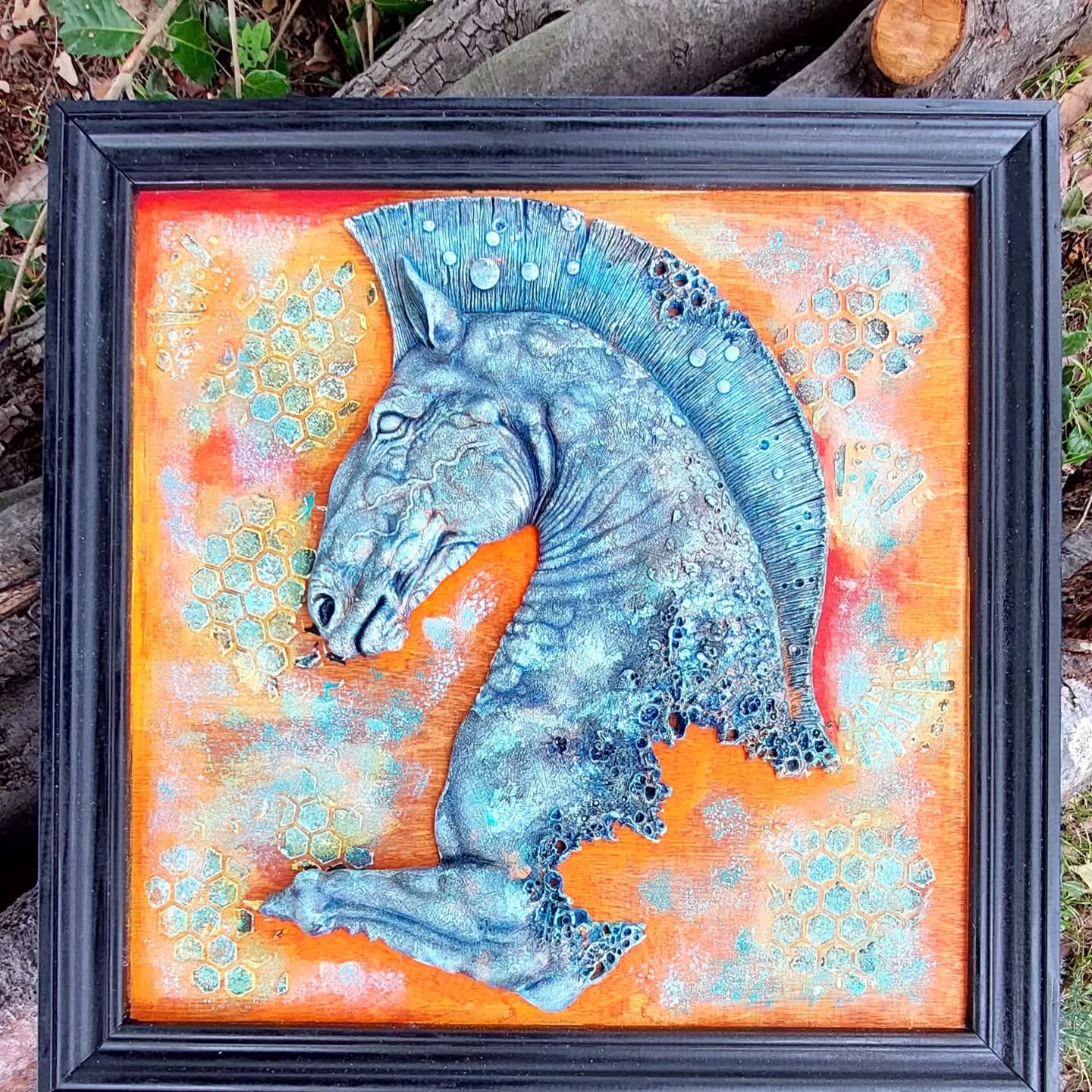 Vibrant Clay Equine: Honeycomb Framed Sculpture