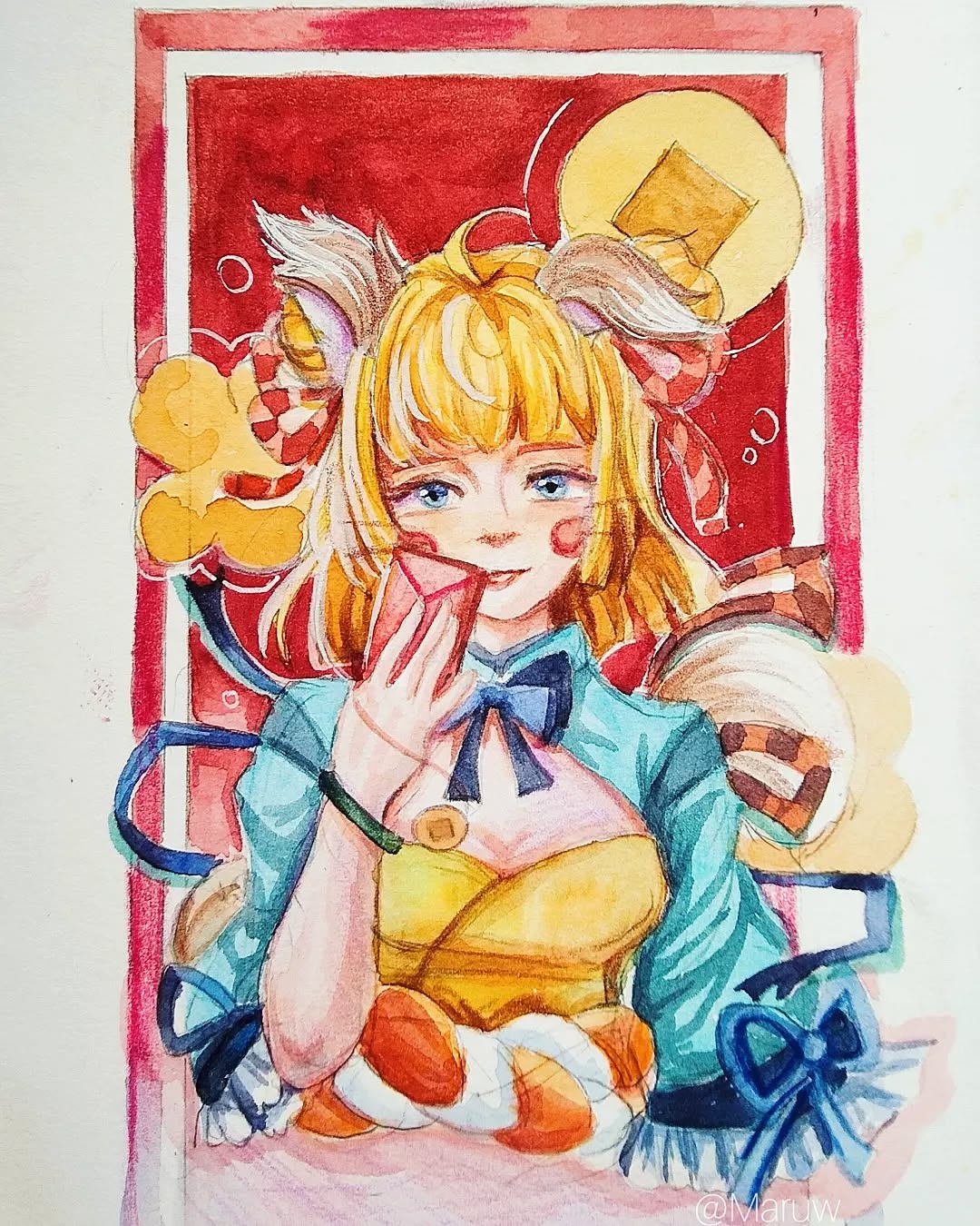 Whimsical Watercolor: Anime Girl with Cat Ears Celebrating Tet