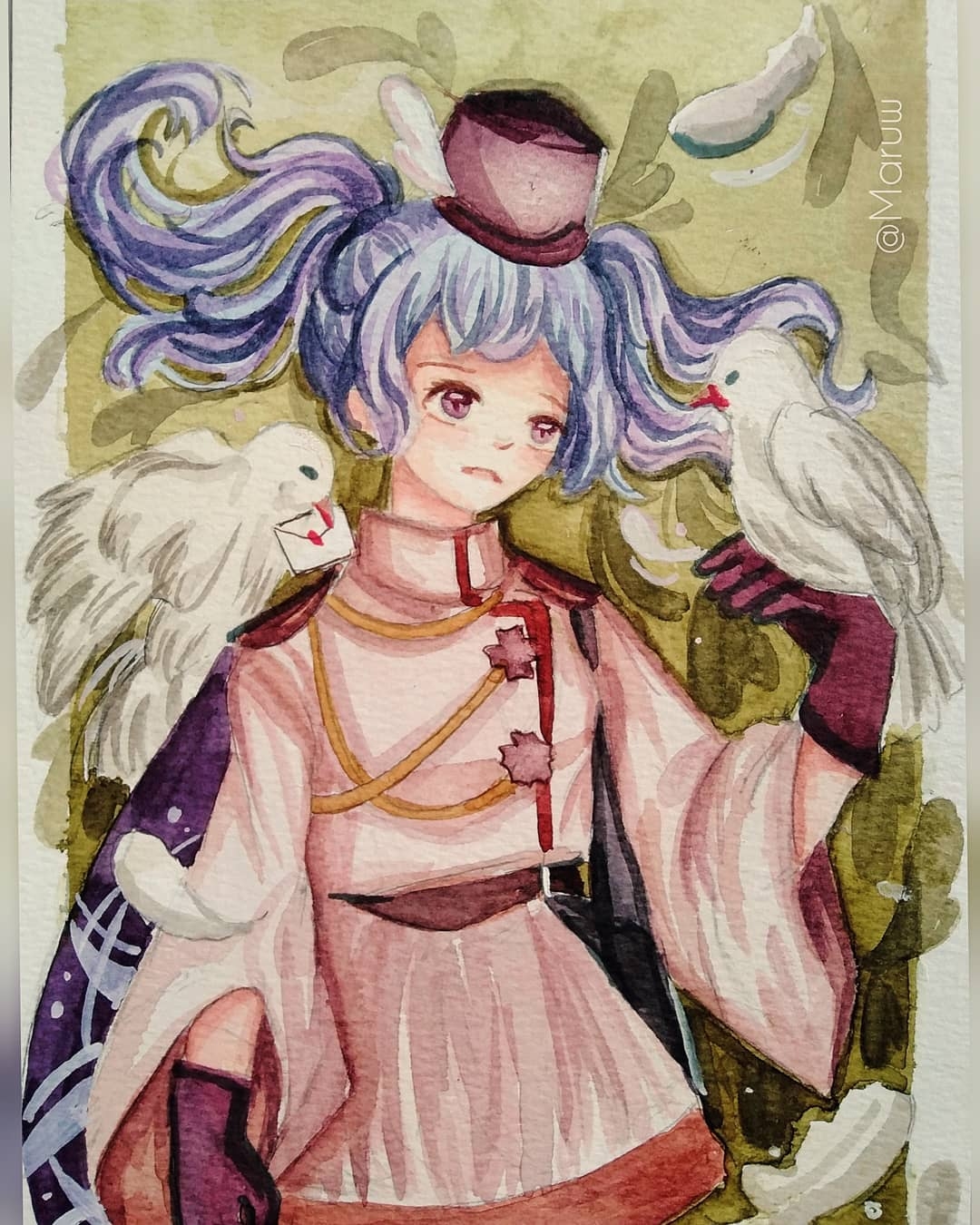 Serene Guardian: Anime-Style Girl and Doves in Watercolor
