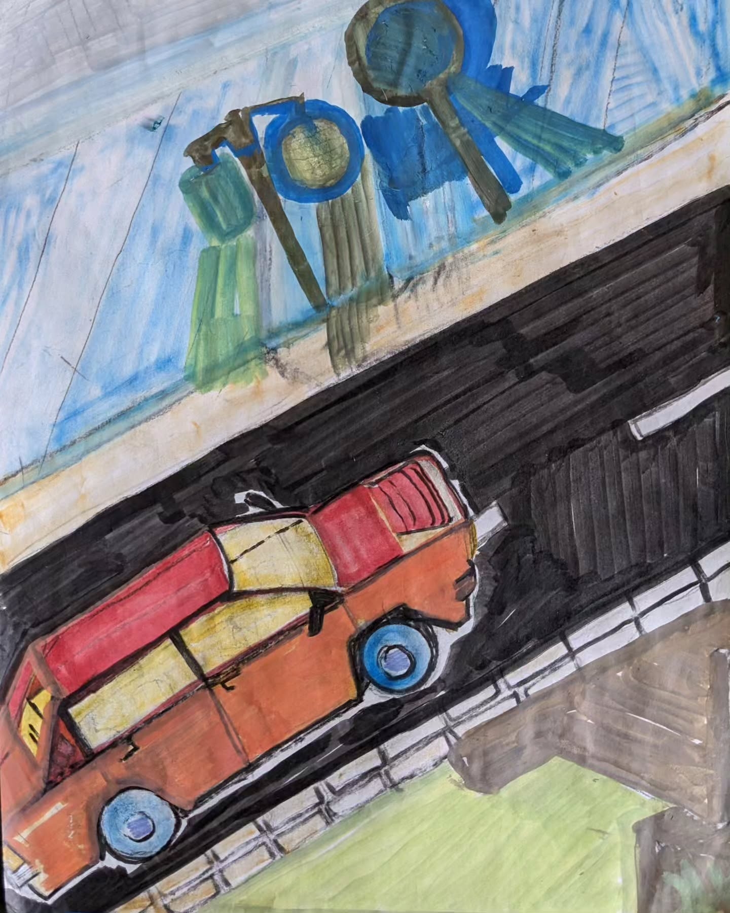 Child's Crayon Dream: Car and Building