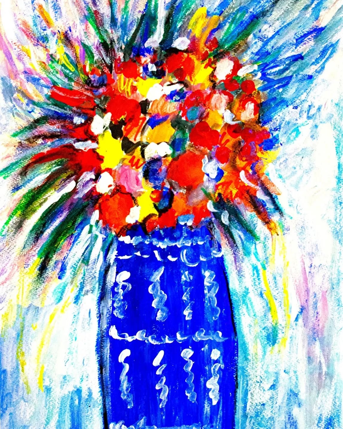 Vibrant Floral Explosion in Cobalt Vase
