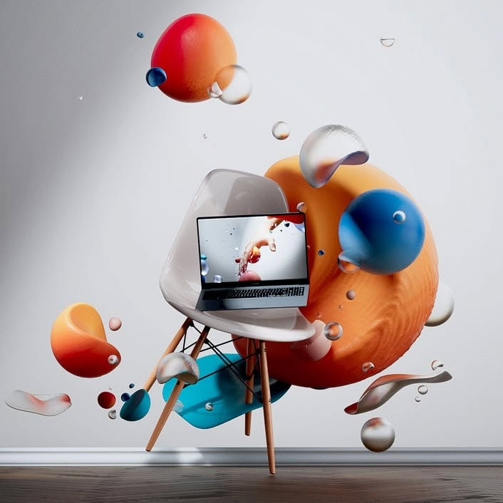 Serene Tech Elegance: Minimalist 3D Laptop Scene