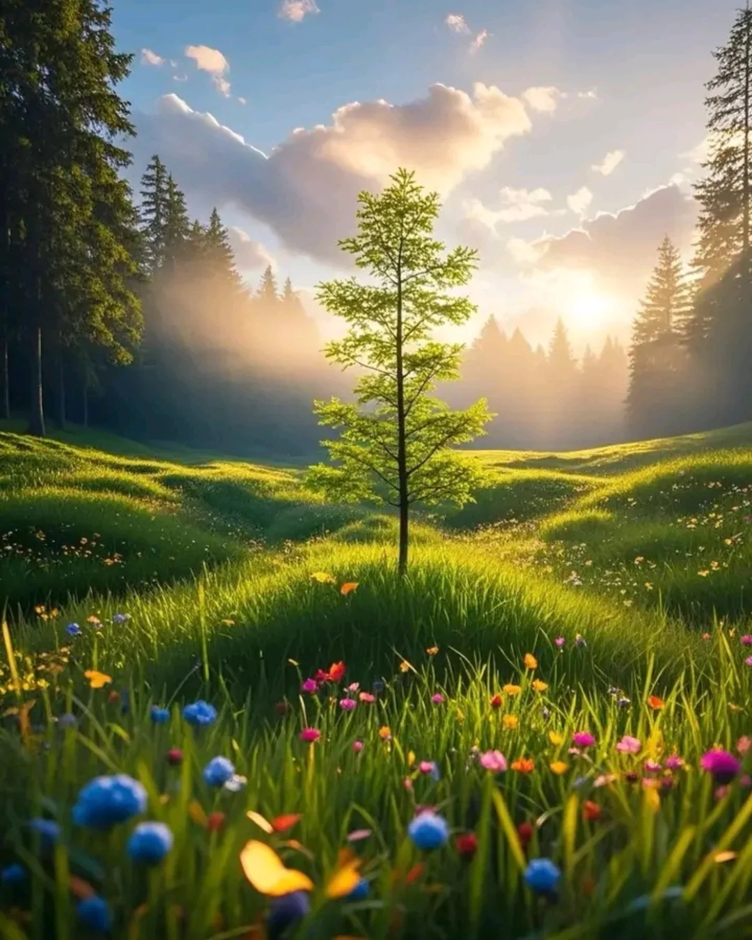 Serene Solitude: A slender tree amidst vibrant nature