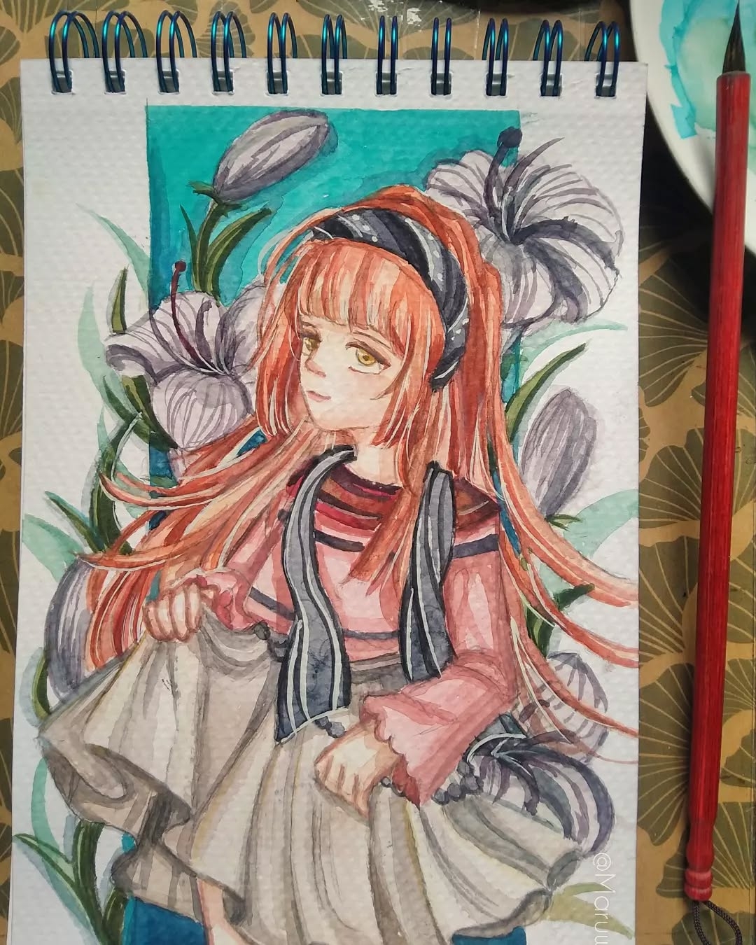 Whimsical水彩: Anime-inspired Girl Amidst Blooming Lilies