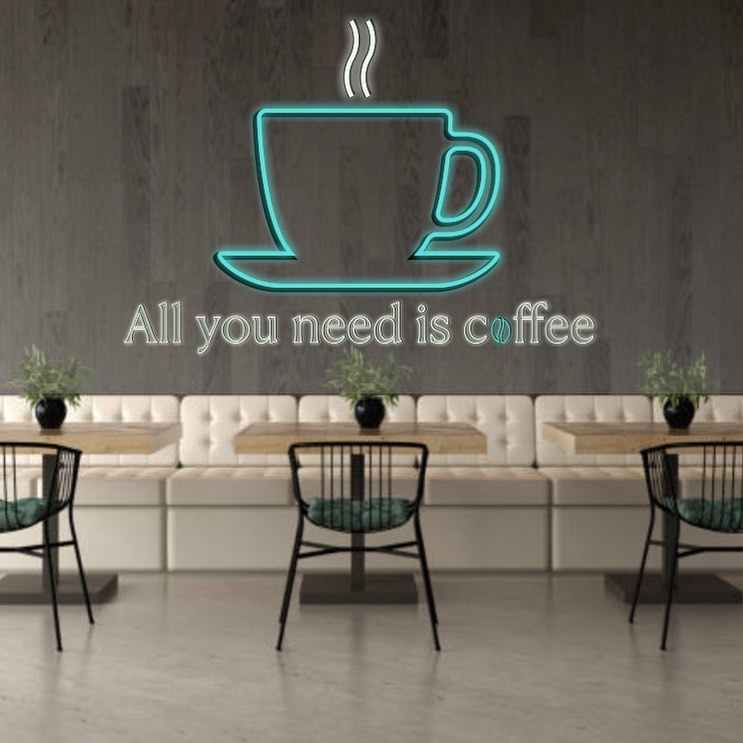 Modern Cafe Neon Sign & Cozy Interior Design