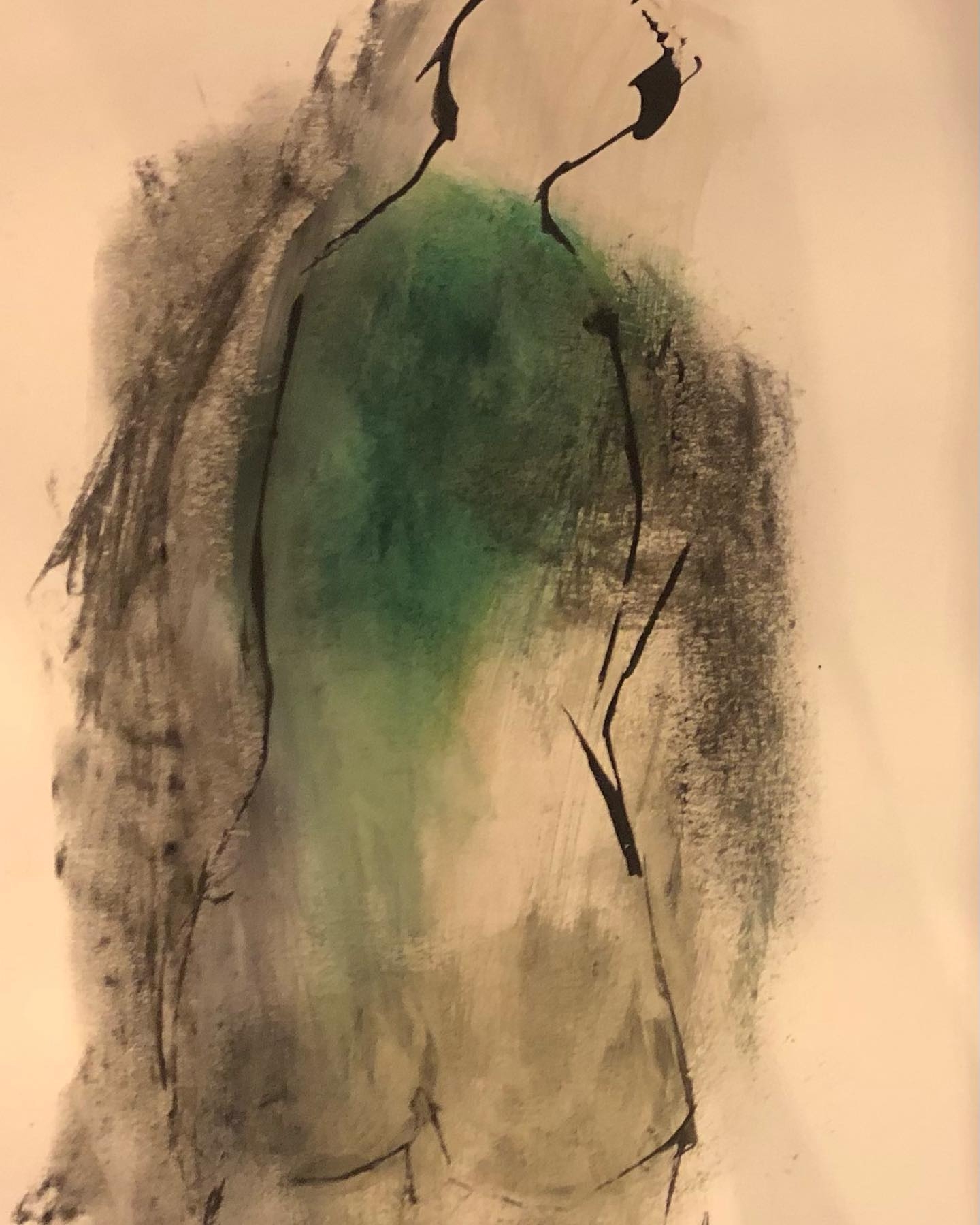 Contemplative Silhouette: Abstract Back View in Fluid Greens