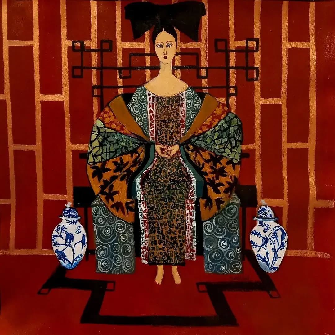 Vessel of Patterns: Enigmatic Figure and Ornate Vases