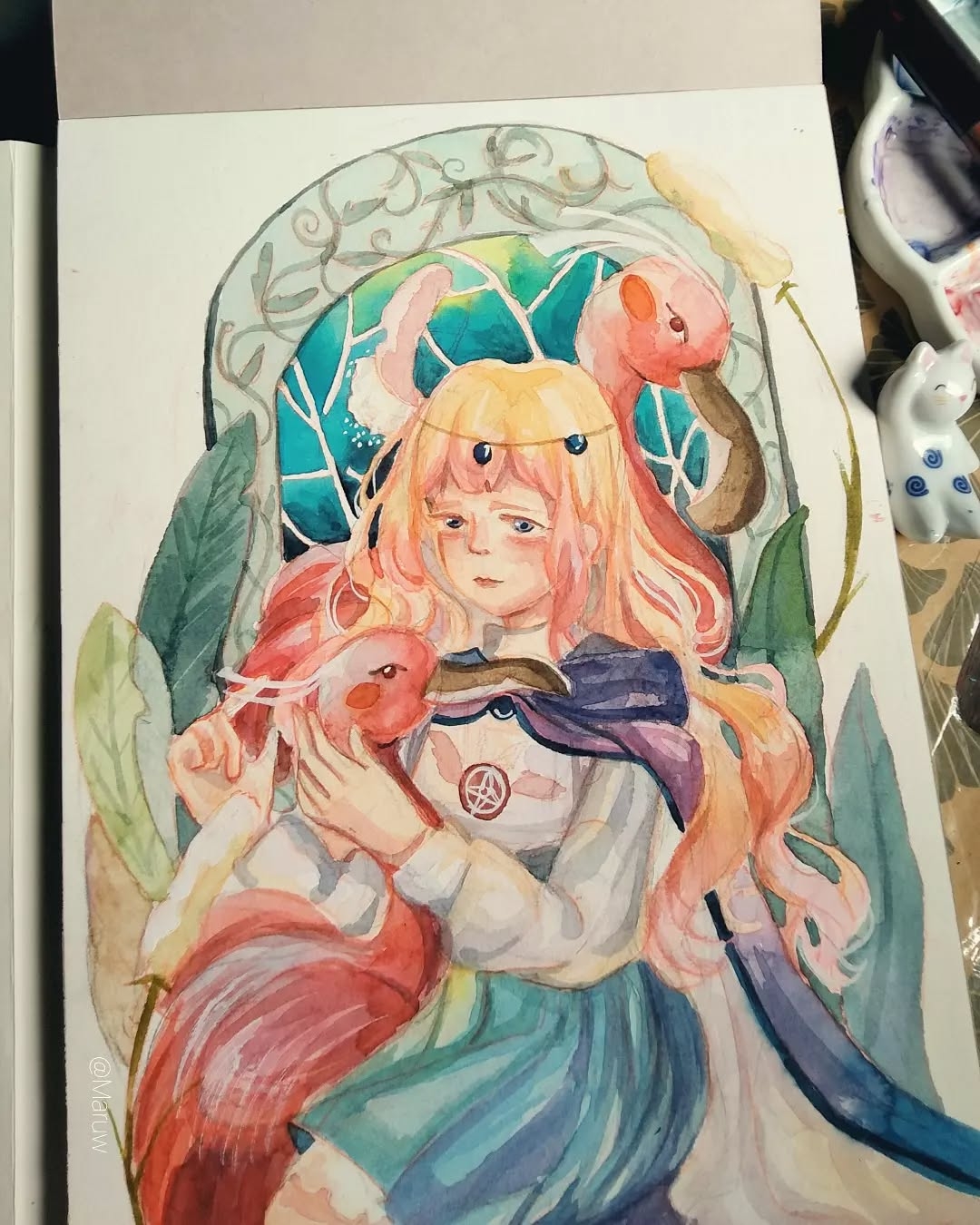 Enigmatic Muse with Avian Companions