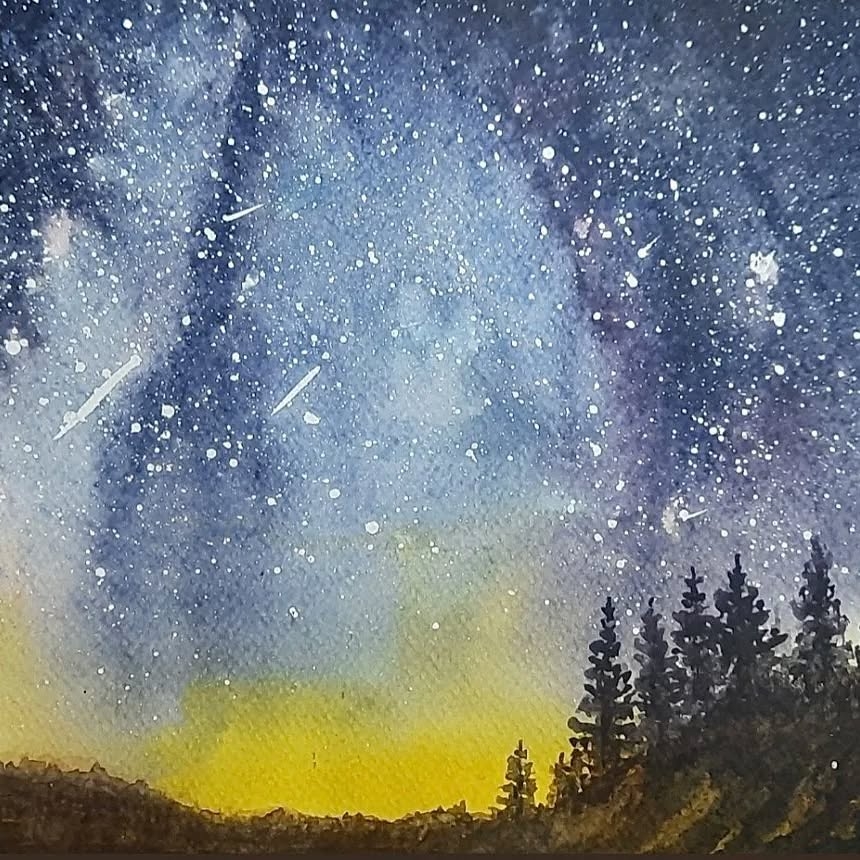 Starry Horizon: Serene Night in Watercolor