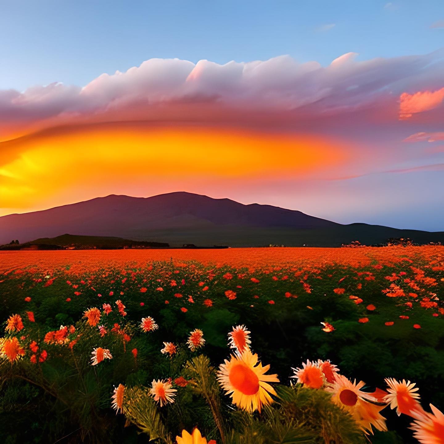 Serenity at Sunset: Mountain Horizon and Vibrant Flowers