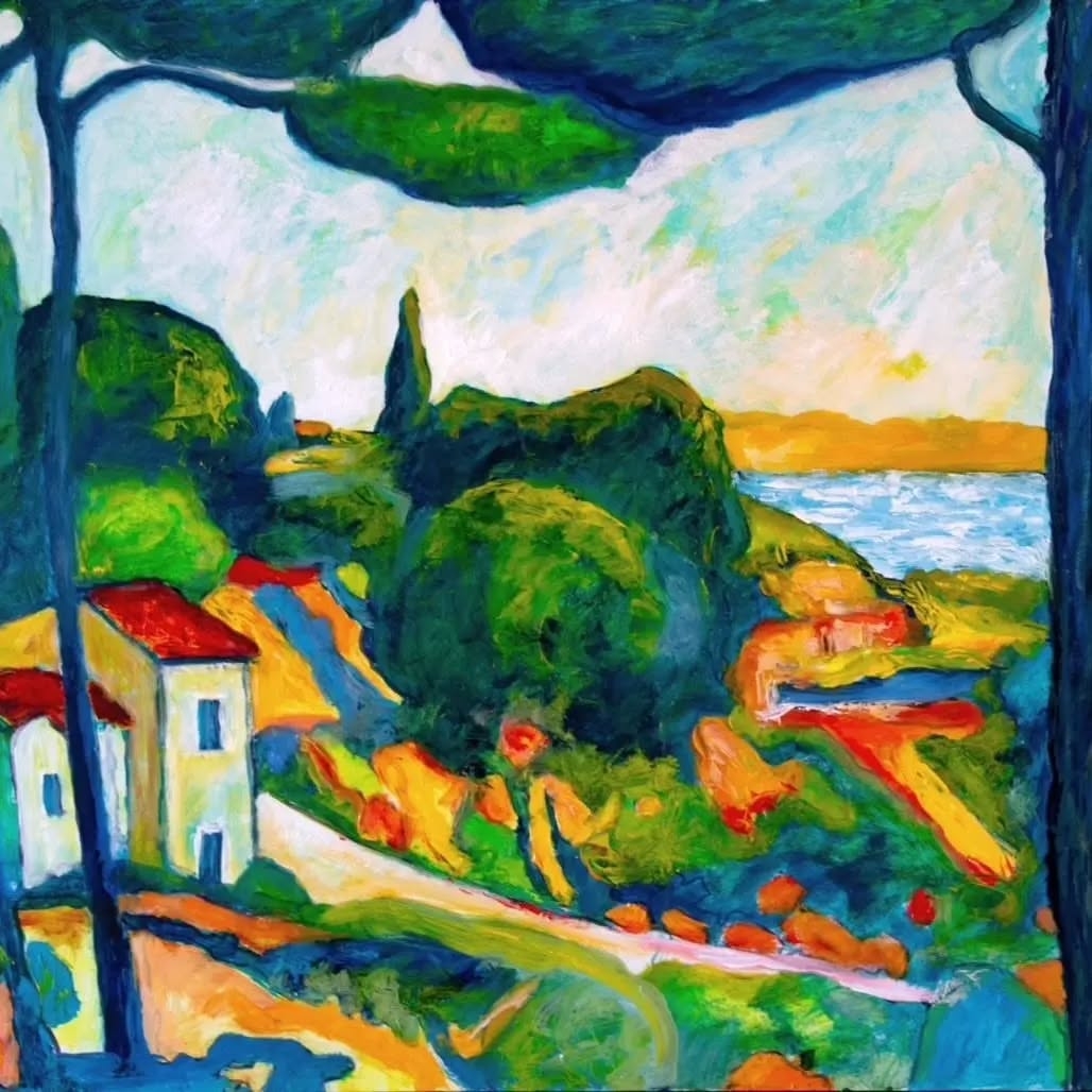 Cubist Serenity: Winding Path to Tranquil Waters