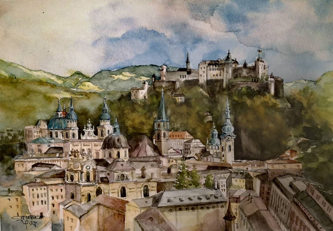 Salzburg's Timeless Spire: A Watercolor Ode to Gothic Grandeur
